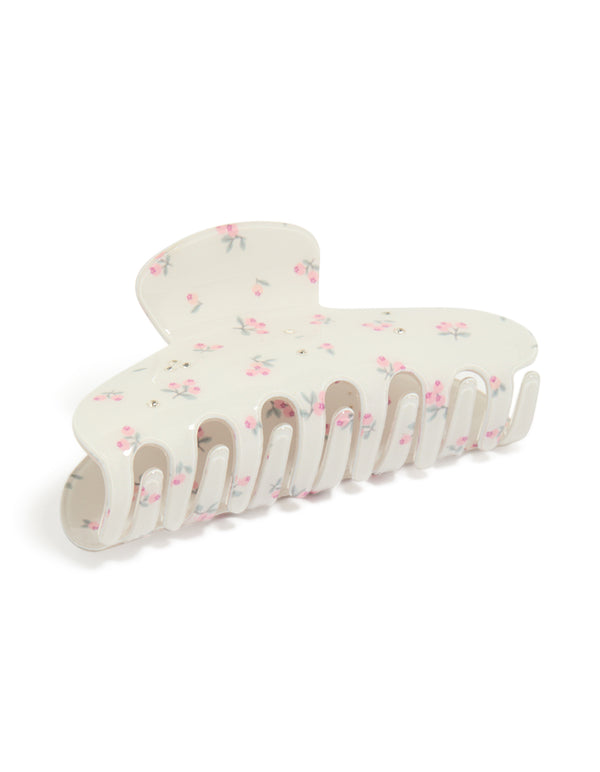 Tweens White Acrylic Diamante Pink Flowers Claw Clip