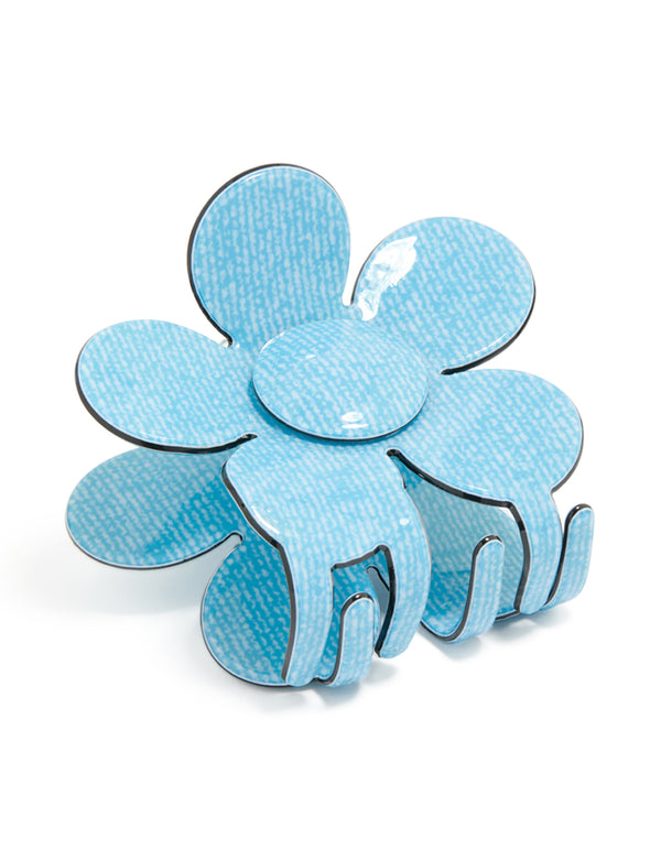 Showcasing a floral denim look acrylic daisy hair claw clip in sky blue, white, and turquoise front view