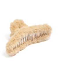 Showcasing a brown playful fluffy fabric claw clip in tan burlywood detail view - link has visual effect only