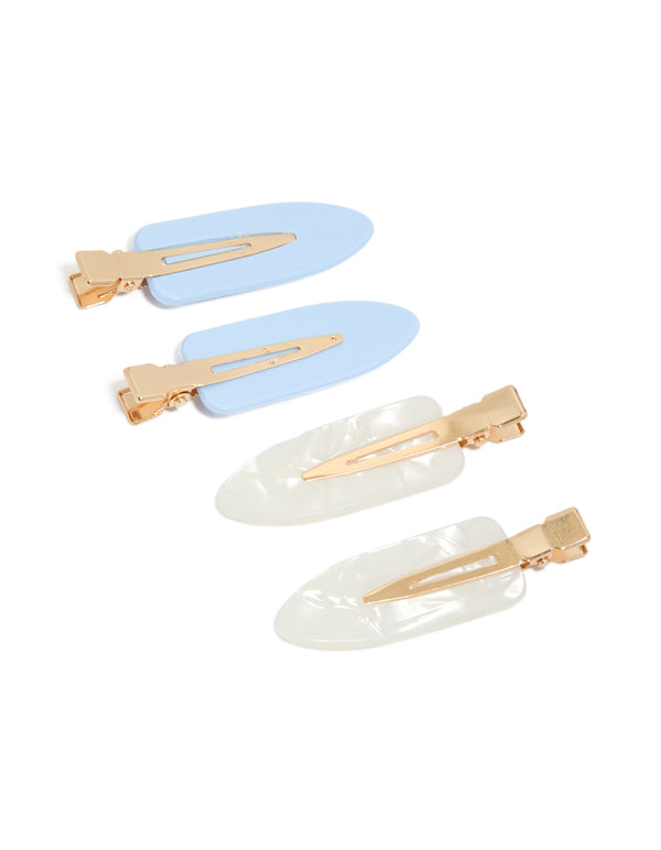 Featuring marble acrylic creaseless clips in a 4-pack with light sky blue, ivory, and gold tones front view