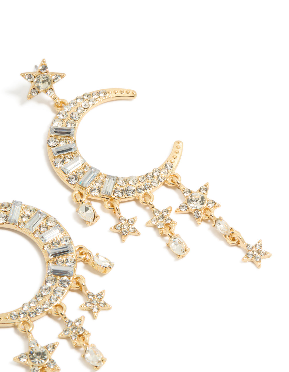 Presenting gold diamante celestial drop earrings with charm details in statement style post detail view