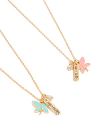 Featuring kids gold dragonfly and born to fly bar charm pendant necklaces in a 2-pack with butterfly and script details front view - link has visual effect only