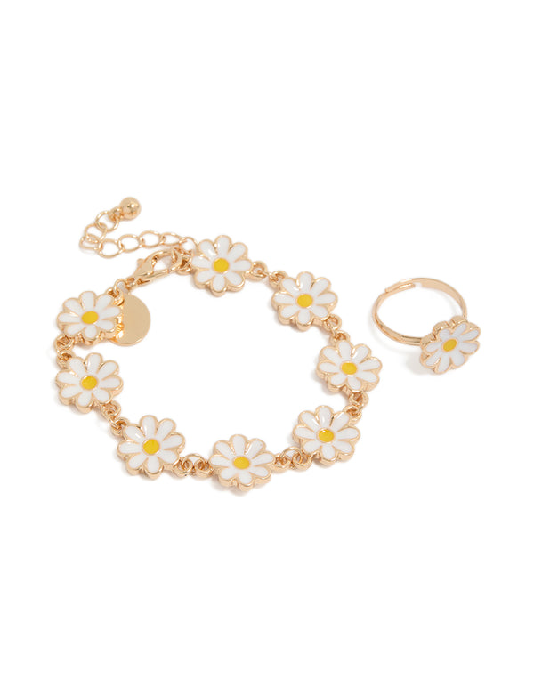 Kids Gold White Enamel Daisy Charms Bracelet & Ring Set