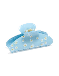 Crafted with a kids blue daisy printed arch claw clip showcasing floral pattern in light blue, white, and yellow side view - link has visual effect only