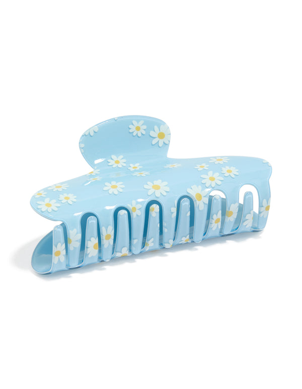 Featuring a kids blue daisy printed arch claw clip with floral pattern in light blue, white, and yellow front view