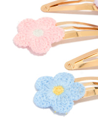 Designed with kids pastel crochet flower snap clips in a 4-pack, featuring floral pattern with gold plated material in pink, lavender, yellow, and light blue detail view - link has visual effect only