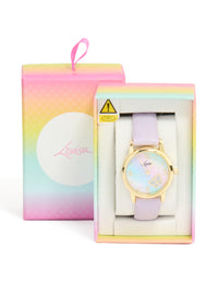 Showcasing a butterfly accent in a round shape designed for women's casual wear with a PU leather purple strap in an analog watch type with glitter and gold tones case detail view - link has visual effect only