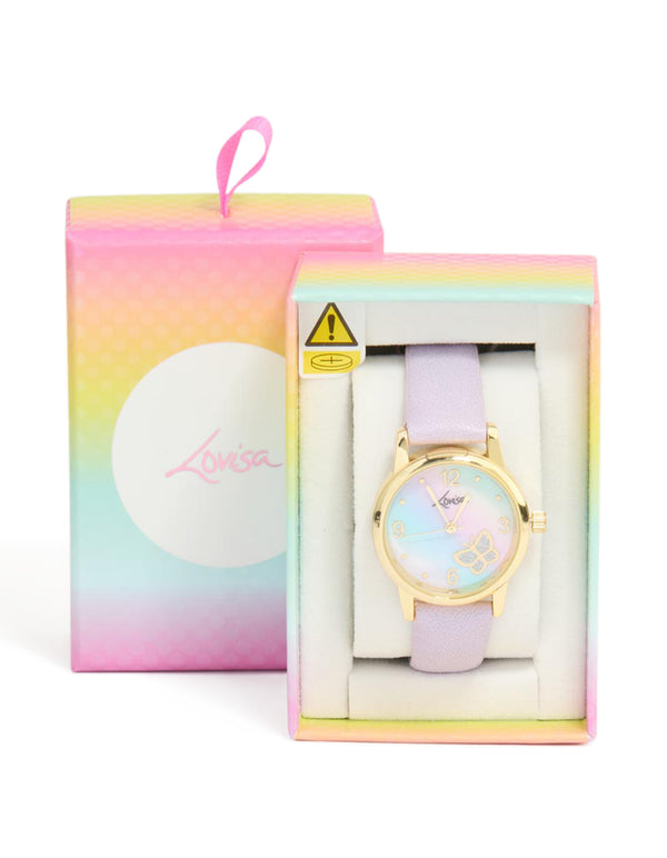 Showcasing a butterfly accent in a round shape designed for women's casual wear with a PU leather purple strap in an analog watch type with glitter and gold tones case detail view