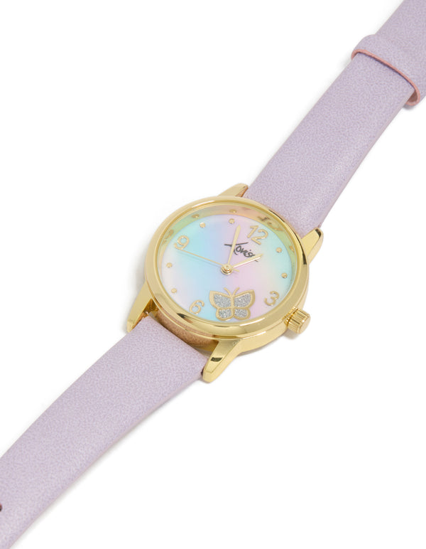 Featuring a butterfly accent in a round shape designed for women's casual wear with a PU leather purple strap in an analog watch type with glitter and gold tones watch face detail view
