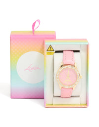 Beautifully presented kids gold Eiffel Tower watch on a round dial featuring pink strap crafted from PU leather, designed for casual analog wear case detail view - link has visual effect only