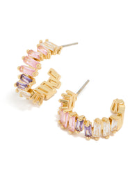 Showcasing statement hoop earrings with baguette cut cubic zirconia in pink purple and lavender gold plated front view - link has visual effect only