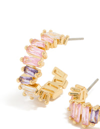 Featuring statement hoop earrings with baguette cut cubic zirconia in pink purple and lavender gold plated close up view - link has visual effect only