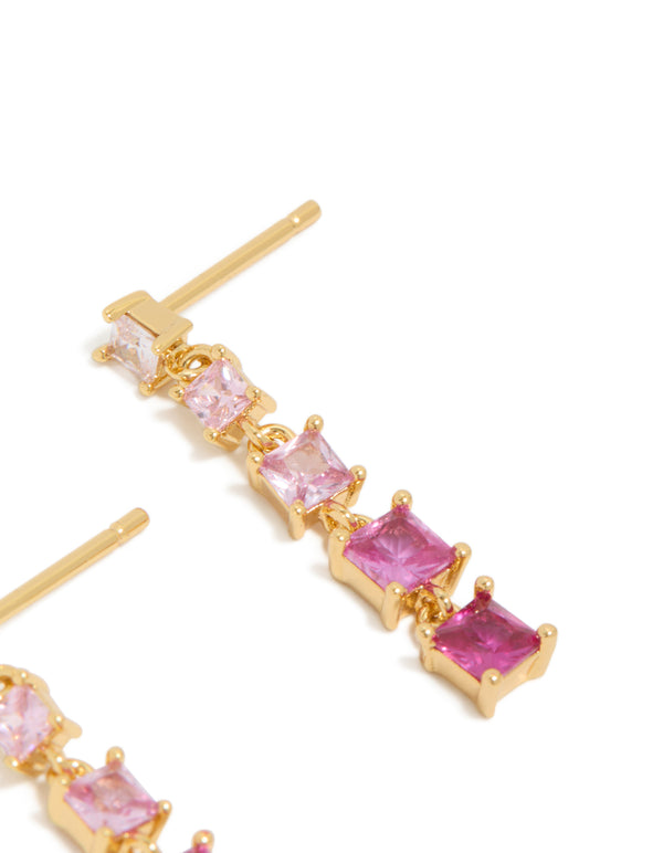 Elegant gold pink cubic zirconia gradient drop earrings with statement style post detail view