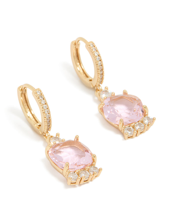 Gold Pink Cubic Zirconia Square Huggie Earrings