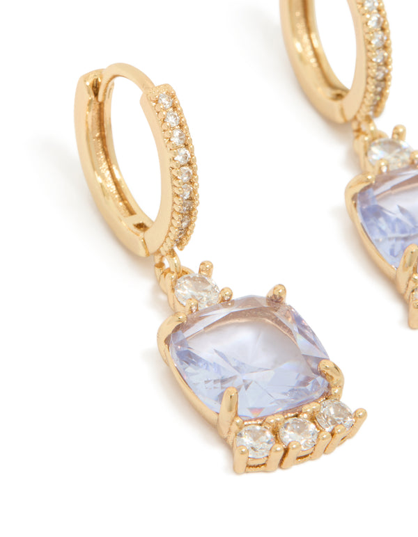 Gold Purple Cubic Zirconia Square Huggie Earrings