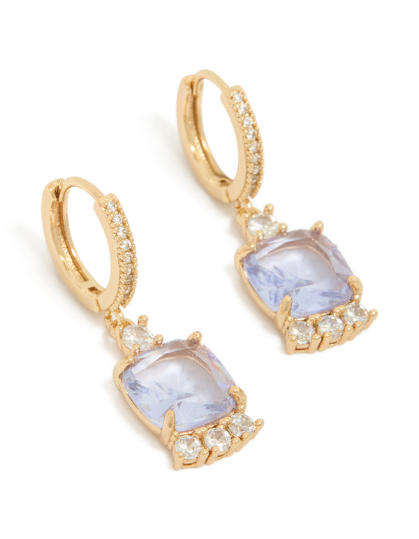 Gold Purple Cubic Zirconia Square Huggie Earrings