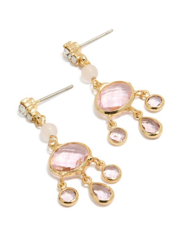 Showcasing gold plated clear bead and diamante drop earrings with charm accents front view