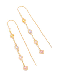 Showcasing threader earrings crafted from gold plated material with heart details featuring cubic zirconia in light pink, light yellow, and lavender front view - link has visual effect only