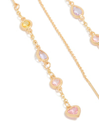 Elegant threader earrings in gold plated finish with heart accents and cubic zirconia stones in light pink, light yellow, and lavender close up view - link has visual effect only