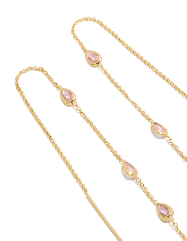 Featuring gold plated pear pink diamante station threader earrings in a close up view