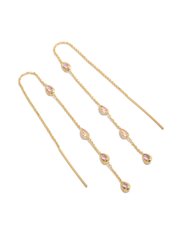 Crafted from gold plated metal, these pear pink diamante station threader earrings are shown in a front view