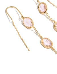 Detailed perspective of statement earrings crafted from gold plated material with oval cut pink diamantes in a thread through design close up view - link has visual effect only