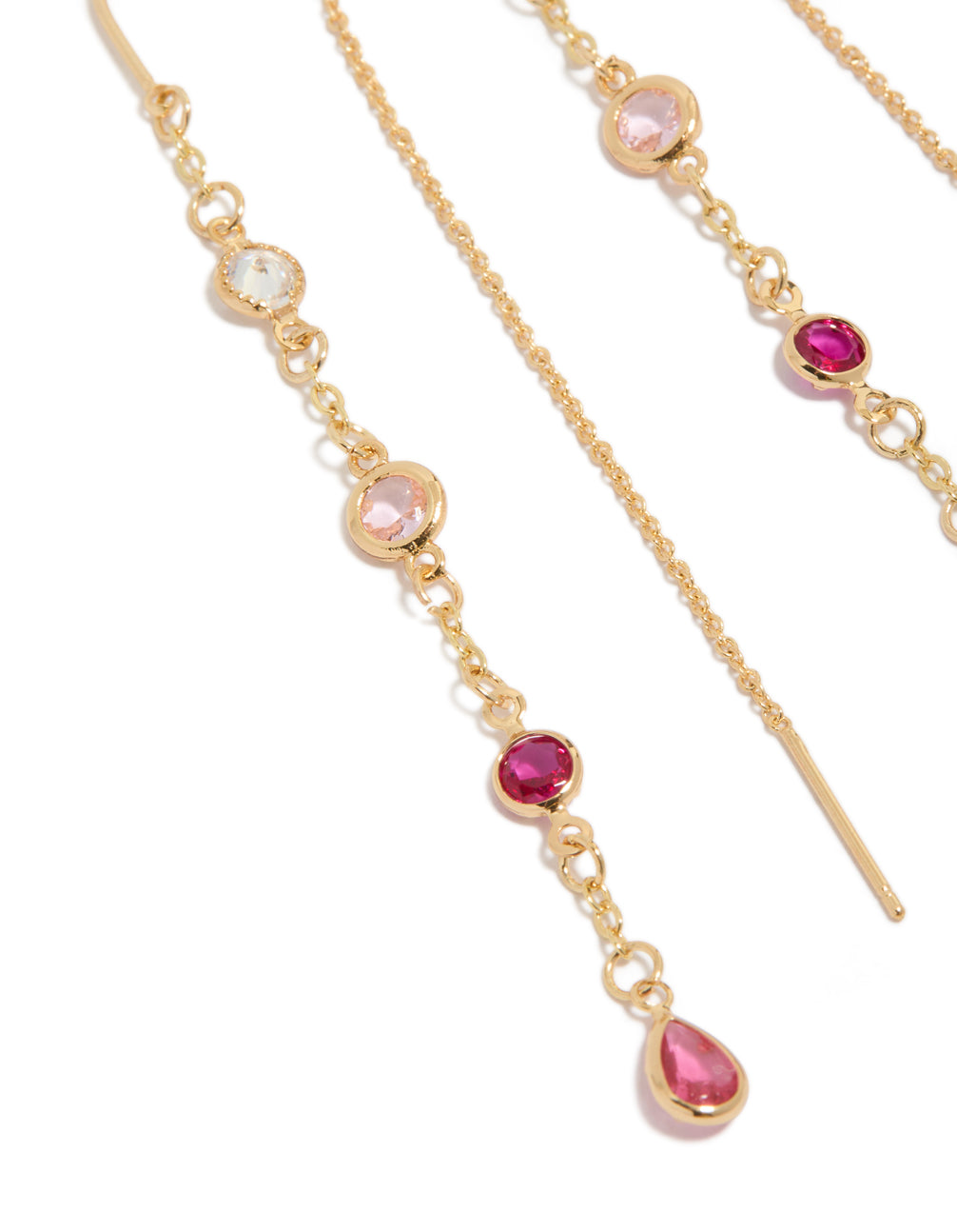 Crafted from gold plated material, these thread through drop earrings feature pink and clear cubic zirconia close up view