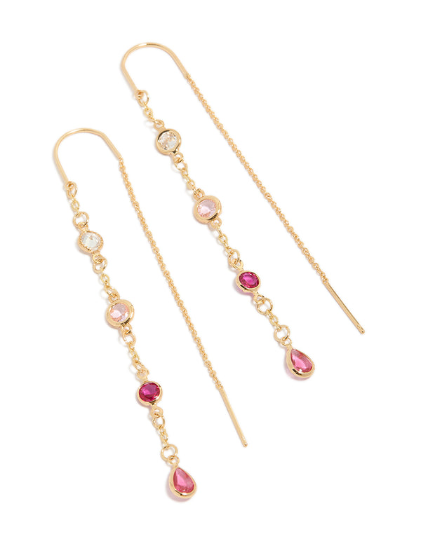 Showcasing gold plated pink and clear cubic zirconia thread through drop earrings front view