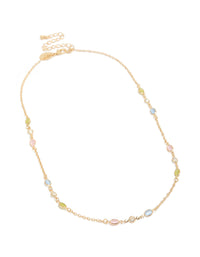 Featuring a gold plated pink blue and green cubic zirconia ovals necklace with oval stone cut in statement style front view - link has visual effect only