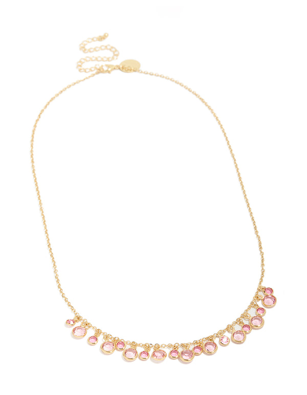 Gold Pink Cubic Zirconia Circles Charm Necklace