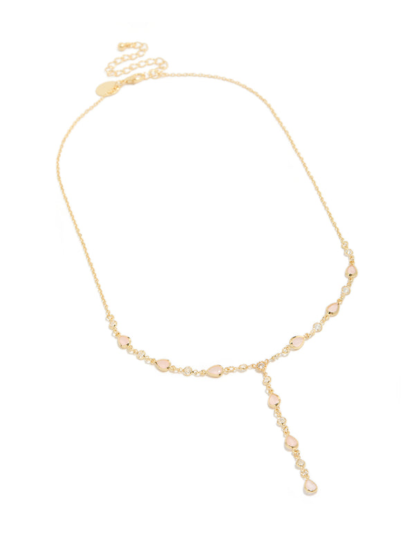 Elegant gold plated pink oval cubic zirconia Y-necklace front view
