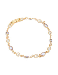 Beautifully crafted gold plated charm bracelet featuring purple and clear cubic zirconia in circle bezel settings front view - link has visual effect only