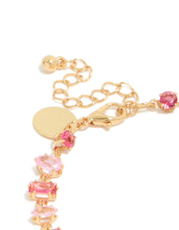 Crafted with gold large pink multi-cut cubic zirconia tennis bracelet closure detail view - link has visual effect only