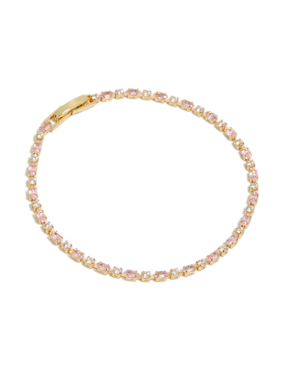 Discover this gold plated tennis bracelet featuring pink and clear cubic zirconia in mixed cut front view