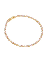 Discover this gold plated tennis bracelet featuring pink and clear cubic zirconia in mixed cut front view - link has visual effect only