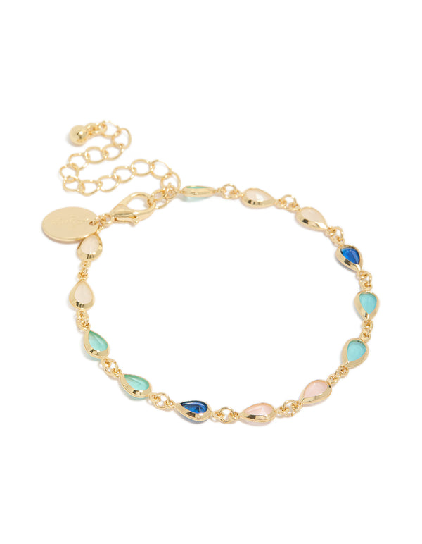 Crafted from gold plated metal, this bracelet features pink and blue cubic zirconia stones in a dainty style front view