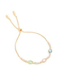 Beautifully crafted bezel toggle bracelet with cubic zirconia in blue, pink and green tones, plated gold finish front view - link has visual effect only
