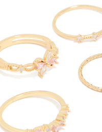 Gold Pink & Clear Cubic Zirconia Flower Rings 5-Pack - link has visual effect only