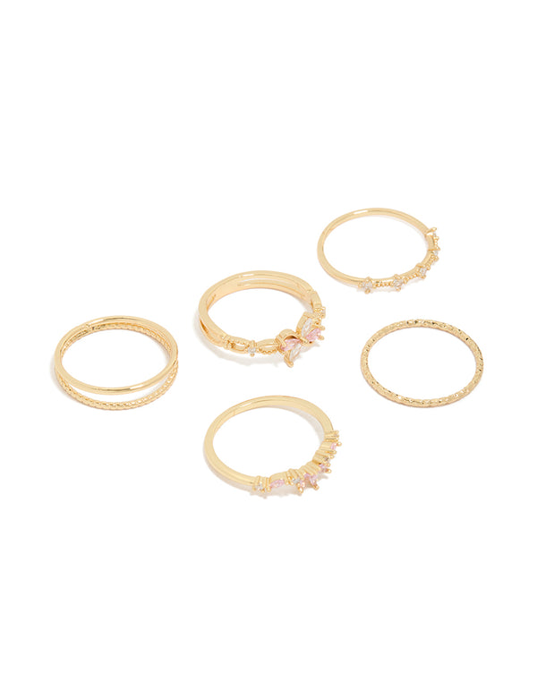 Gold Pink & Clear Cubic Zirconia Flower Rings 5-Pack