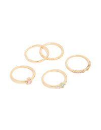 Showcasing a five-pack of gold plated rings featuring pink and blue cubic zirconia with oval and solitaire stone cuts front view - link has visual effect only