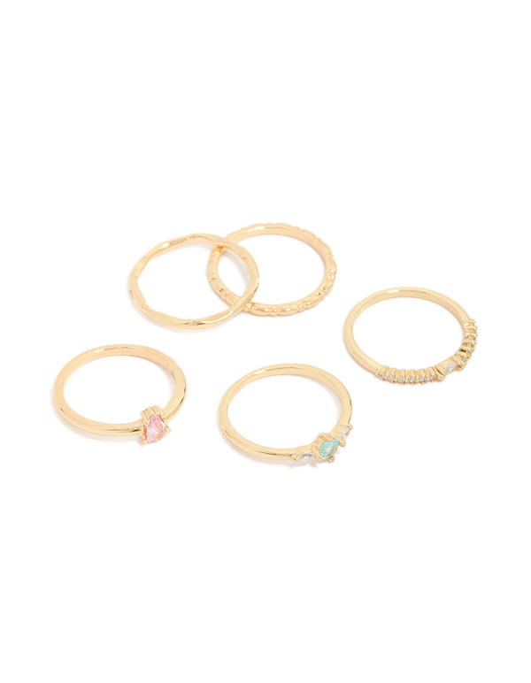 Showcasing a five-pack of gold plated rings featuring pink and blue cubic zirconia with oval and solitaire stone cuts front view