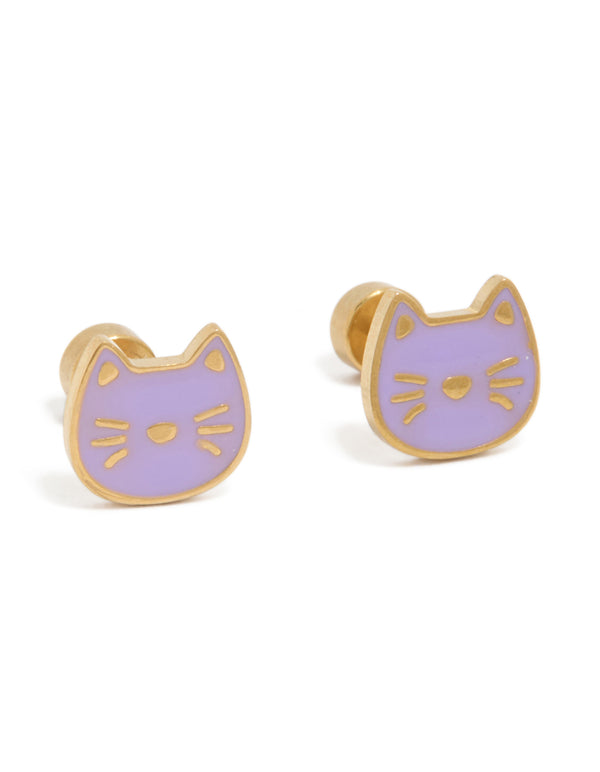Showcasing kids gold plated surgical steel purple enamel cat flat back studs featuring in plum front view