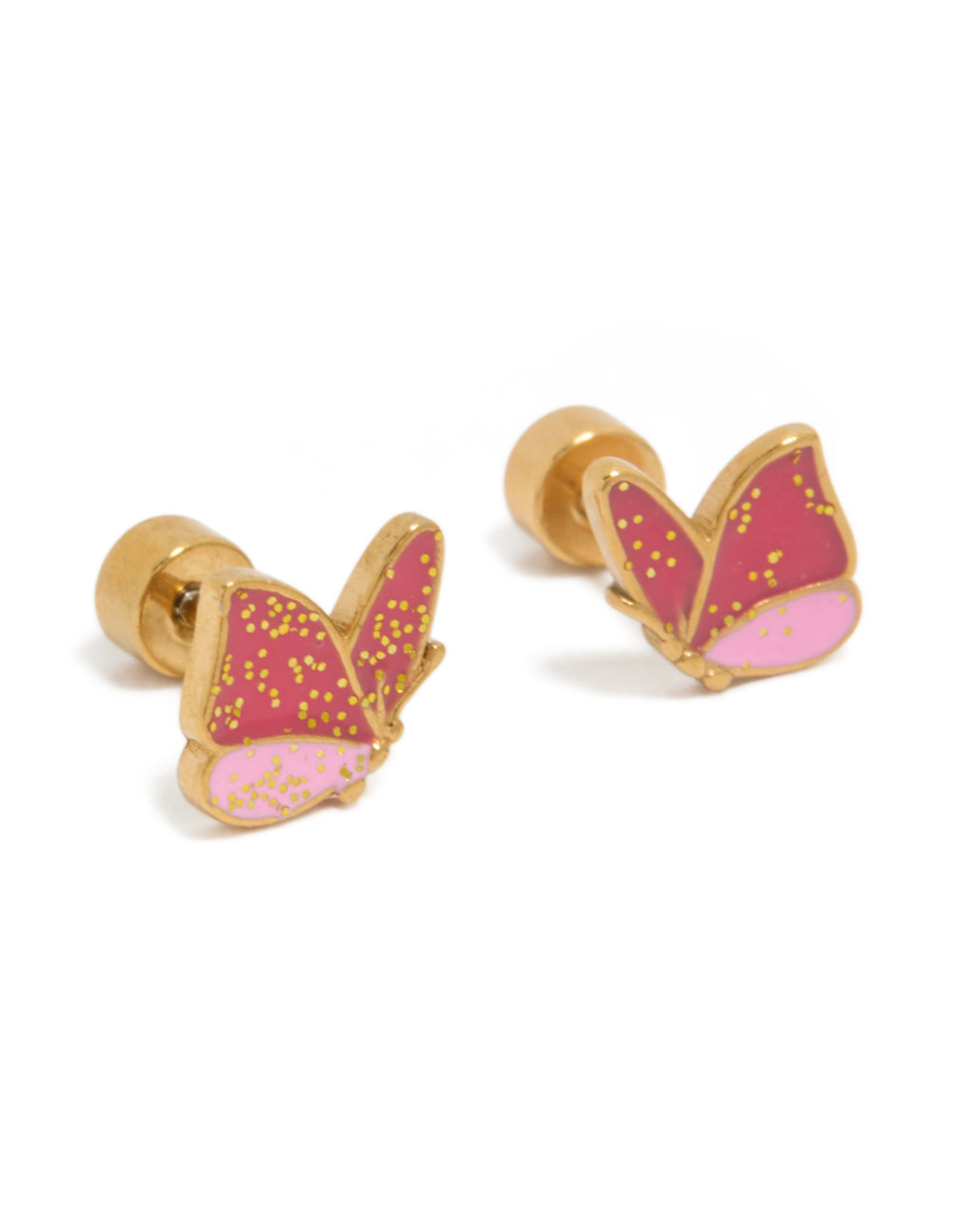 Discover kids butterfly glitter enamel gold plated surgical steel flat back stud earrings in pink front view