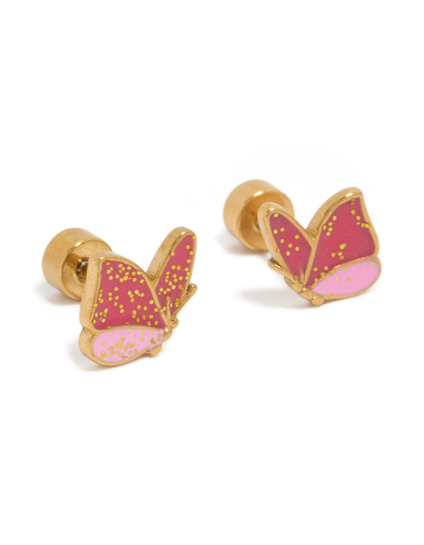 Discover kids butterfly glitter enamel gold plated surgical steel flat back stud earrings in pink front view