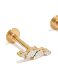 Showcasing dainty gold plated surgical steel studs with vine design featuring marquise cut cubic zirconia stones and flat back closure close up view - link has visual effect only