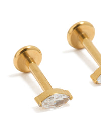 Designed with gold plated surgical steel stud earrings featuring marquise cut cubic zirconia and flat back closure close up view - link has visual effect only
