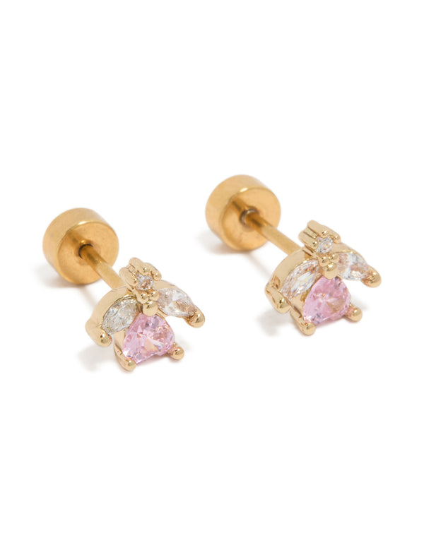 Beautifully crafted kids floral stud earrings featuring pink rose design with cubic zirconia stones, gold plated surgical steel construction, and flat back closure front view