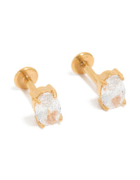 Showcasing gold plated surgical steel cubic zirconia oval flat back studs in gold and clear front view - link has visual effect only