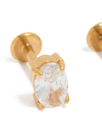 Featuring gold plated surgical steel cubic zirconia oval flat back studs in gold and clear close up view - link has visual effect only