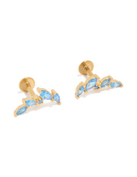 Featuring crawler flat back studs crafted from gold plated surgical steel with light sky blue cubic zirconia stones front view - link has visual effect only